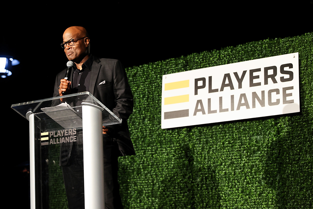 SEATTLE, WASHINGTON - JULY 09: Dave Sims speaks onstage during The Players Alliance Game Changers Celebration at AQUA by El Gaucho on July 09, 2023 in Seattle, Washington. (Photo by Mat Hayward/Getty Images for The Players Alliance)