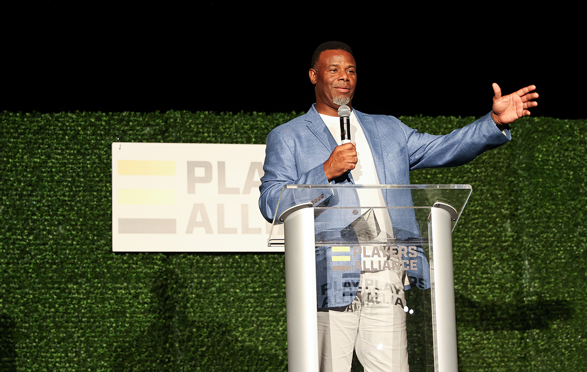 SEATTLE, WASHINGTON - JULY 09: Ken Griffey Jr. speaks onstage during The Players Alliance Game Changers Celebration at AQUA by El Gaucho on July 09, 2023 in Seattle, Washington. (Photo by Mat Hayward/Getty Images for The Players Alliance)