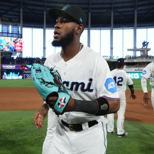 MIAMI, FL - APRIL 15: Bryan De La Cruz #4 of the Miami Marlins celebrates after defeating the Arizona Diamondbacks at loanDepot park on April 15, 2023 in Miami, Florida. (Photo by Jasen Vinlove/Miami Marlins/Contributor)