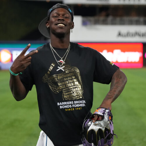 MIAMI, FL - APRIL 15: Jazz Chisholm Jr. #42 of the Miami Marlins poses for a picture while wearing a special Jackie Robinson tee-shirt prior to the game against the Arizona Diamondbacks at loanDepot park on April 15, 2023 in Miami, Florida. (Photo by Jasen Vinlove/Miami Marlins/Contributor)
