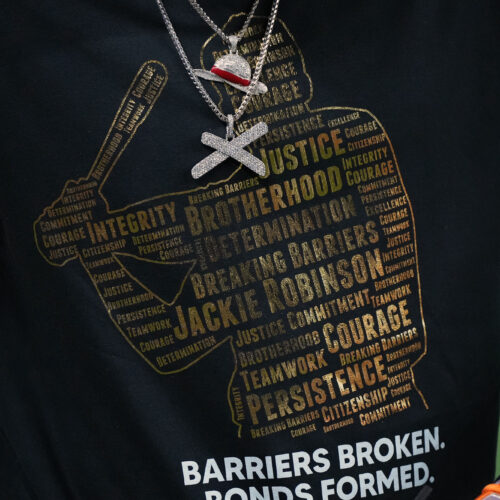 MIAMI, FL - APRIL 15: A detailed view of the tee-shirt worn by Jazz Chisholm Jr. #42 of the Miami Marlins prior to the game against the Arizona Diamondbacks at loanDepot park on April 15, 2023 in Miami, Florida. (Photo by Jasen Vinlove/Miami Marlins/Contributor)