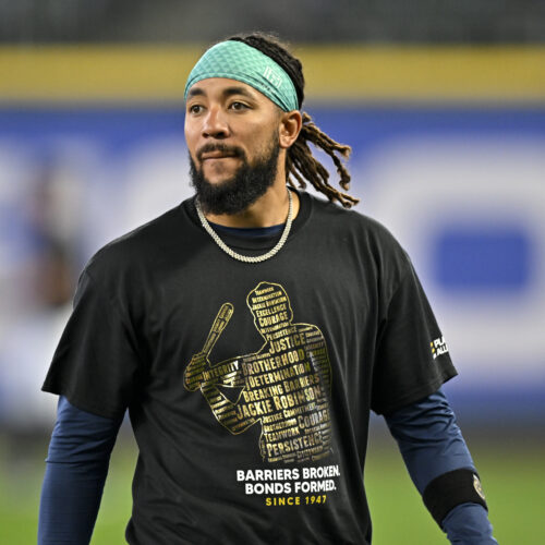 SEATTLE, WASHINGTON - APRIL 15: J.P. Crawford #42 of the Seattle Mariners wears a shirt in honor of Jackie Robinson Day before the game against the Colorado Rockies at T-Mobile Park on April 15, 2023 in Seattle, Washington. All players are wearing the number 42 in honor of Jackie Robinson Day. (Photo by Alika Jenner/Getty Images)
